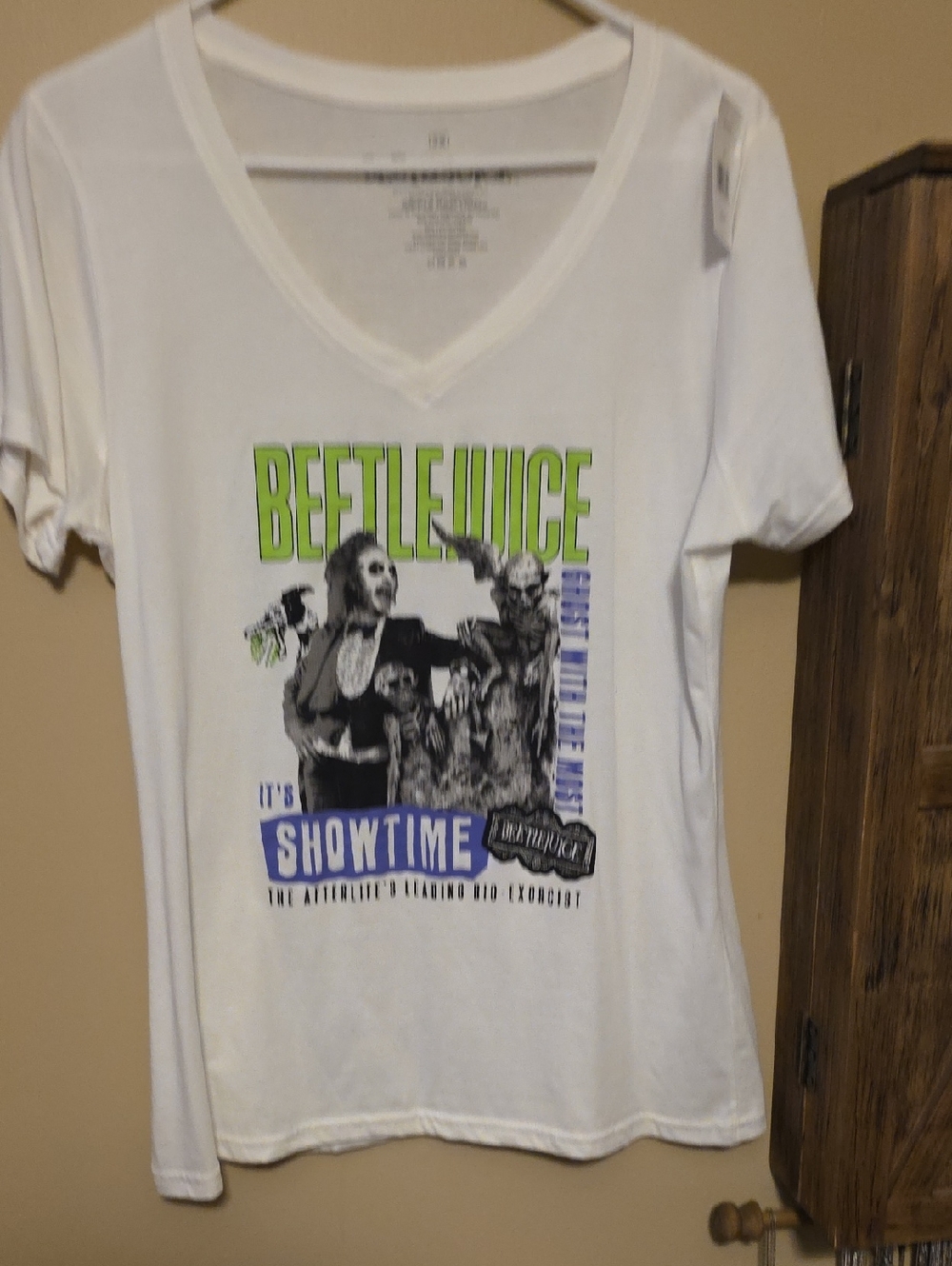 Beetlejuice Graphic V-Neck Tee - White, Lime & Blue